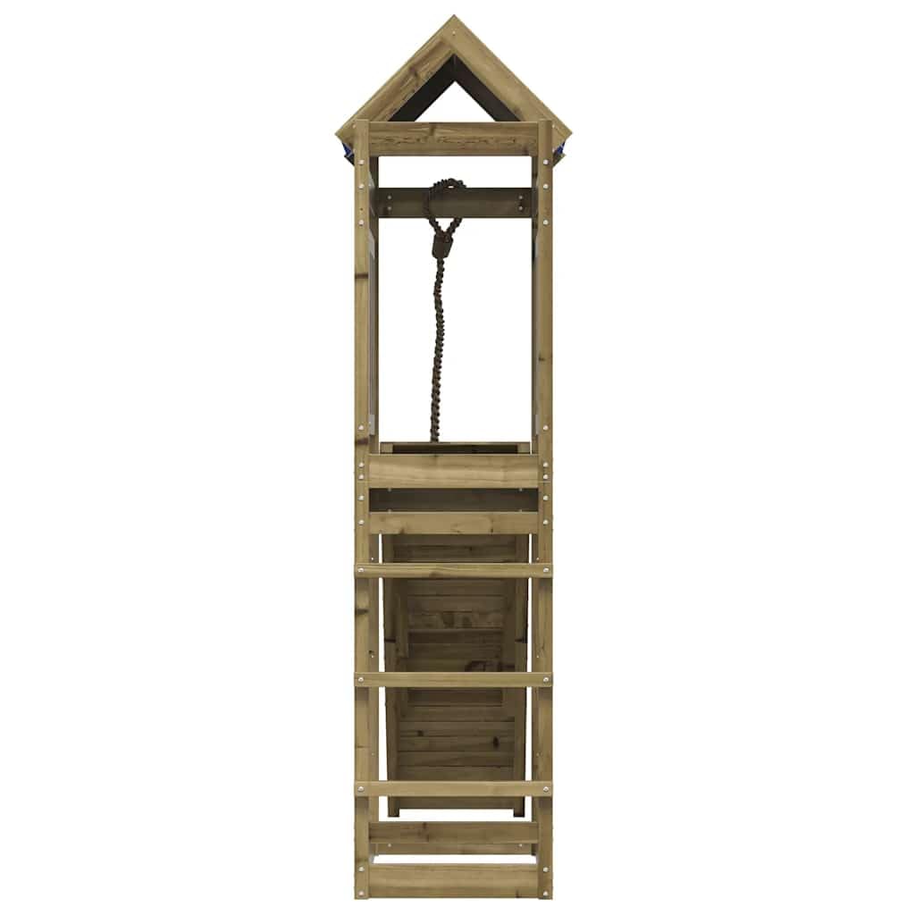 Wieża do zabawy z impregnowanego drewna sosnowego ze ścianką wspinaczkową, liną, piaskownicą i podestem, do ogrodu, na taras i podwórko, platforma 118 cm, dla dzieci w wieku od 3 do 8 lat