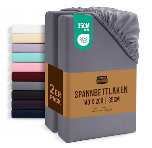 Utopia Bedding - 2er Set Spannbettlaken 140x200cm - Grau - Oeko-Tex Zertifiziertes - Gebürstete Mikrofaser Spannbetttuch - 35 cm Tiefe Tasche