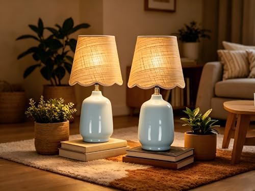 Pia Ricco 19" Modern Ceramic Table Lamp for Living Room Light Bule Base Desk Lamps for Bedroom Farmhouse Bedside Nightstand Lamp End Table Lamps,Sky Bule,Rattan Shade — view 7