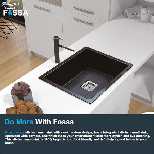 Image of Fossa 10-Year Warranty Quartz Kitchen Sink 18 x 16 Inch | Single Bowl Granite Sink | Includes Waste Coupling, Waste Pipe & Strainer | Top Mount | Black (Matte Finish)