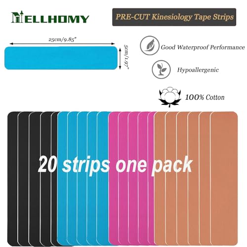 Kinesiology Tape -20 Precut Strips | Pure Cotton Athletic Tape,Waterproof Breathable Elastic Latex Free Sport Tape for Joints Support & Muscle Pain Relief,for Any Activity (Mix-4)