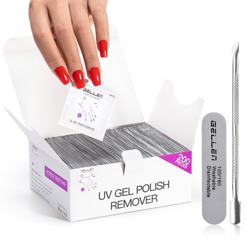 GELLEN Acetone Gel Polish Remover Pads Professional Nail Polish Remover Pads 200 Pack Travel Bulk Set with Tools Individually Wrapped Quick & Effective Soak Off Remover for Salon Home