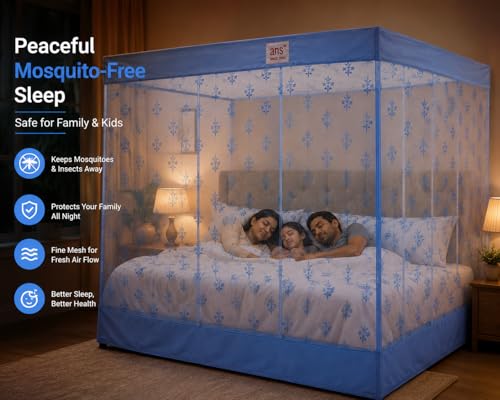 Image of ANS Premium Floral Mosquito Net for Double Size Bed with Cotton Border | 6.5 x 6.5 Ft | Height 5 Ft | Fine Mesh Breathable Fabric | Easy Hanging Box Type Mosquito Net for Family (Sky Blue Floral)