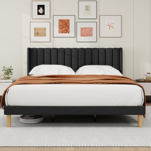 alazyhome King Bed Frame with Linen Upholstered Headboard, Black