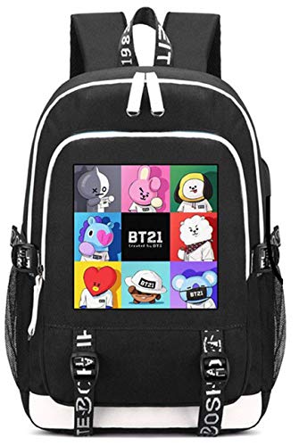 JUSTGOGO KPOP BTS Bangtan: Mochila para niños con puerto de carga USB