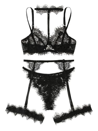 Image of Lilosy Sexy Choker Floral Lace Scallop Sheer Underwire Push Up Garter Belt Lingerie Set 3 Piece for Women See Through Bachelorette Bra and Panty Lace Black X-Large