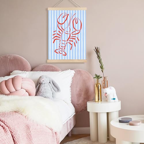 Image of PQKIY Trendy Red Lobster Coastal Wall Art Poster Hanger Frame 12x16 in, Summer Nautical Beach Seafood Blue Striped Wall Decor Canvas Prints for Home Kitchen Dining Room