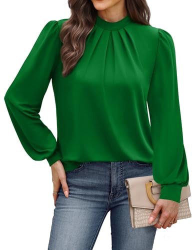 Image of WIHOLL Long Sleeve Shirts for Women Mock Neck Tops Pleated Front Blouses Dressy Casual Spring Fall Clothes 2026 Fashion