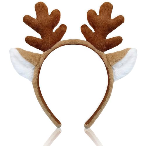 Fascia per Capelli con Renna - Corna Orecchie, Cerchietto per Capelli con Renna, Cerchietto con Orecchie di Corna di Animali, Realistico, Carnevale Feste, Cosplay, per Bambini e Adulti, Marrone