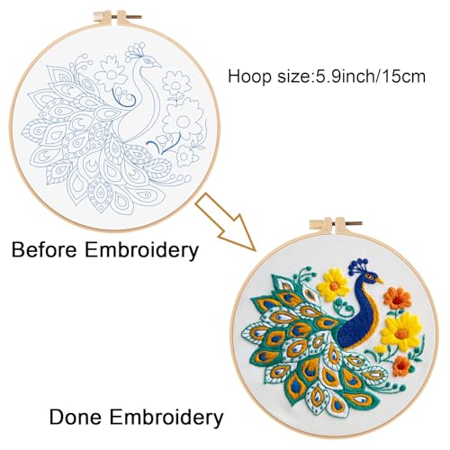 Image of Louise Maelys Peacock Flower Embroidery Kits for Beginners,Cross Stitch Kit for Adults,DIY Needlepoint Kits Including Embroidery Hoop,Instruction and Threads