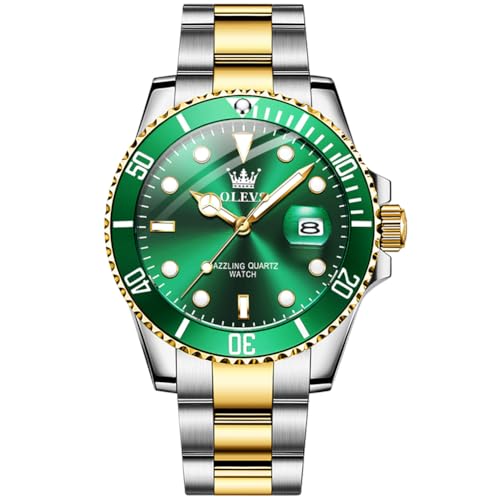 Image of OLEVS Mens Watches Gold Silver Analogue Quartz Stainless Steel Men's Watch Big Face Classic Green Rotating Bezel Dress Watch Men Waterproof Calendar Luminous Watches for Mens Reloj para Hombre