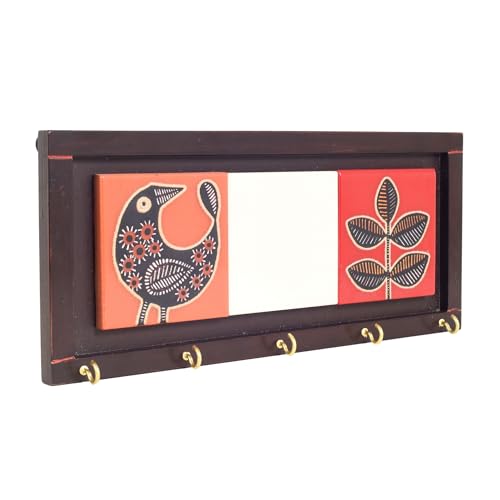 Image of AAKRITI ART CREATIONS Key Holder, Pichhwai Handcrafted Tiles Key Holder Panel | Rustic Ceramic & Wood Wall Organizer with 5 Hooks | Storage Shelf for Keys, Hats | Multifunctional Entryway Decor.