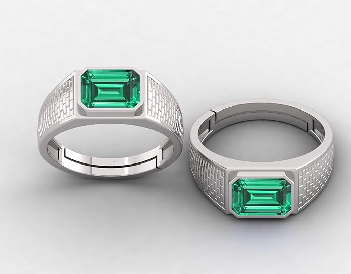 Anillo ajustable de plata de ley 925 de corte esmeralda con halo Art Deco para mujeres y hombres, Plata/Piedra preciosa, Esmeralda
