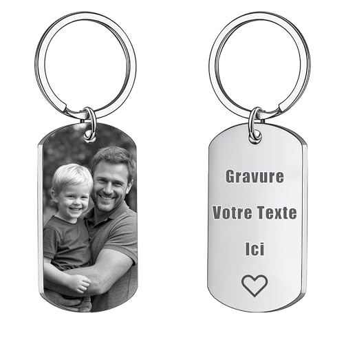 Porte Clef Personnalisable Porte Clé Photo Personnalisé Ajouter Une Image/Un Texte Cadeau Saint Valentin Homme,En Acier Inoxydable (Argent)