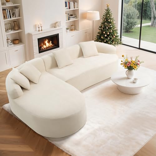 Image of 99 inch Curved Sectional Sofa, Beige, Left Chaise+Right Sofa | Modern Boneless Couch, Deep Seat, L Shaped 3-Seater Cloud Couch, No Assembly Needed, Chenille