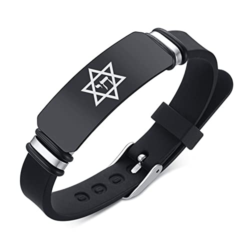 Black Star of David & Jewish Hebrew Chai Life Amulet Symbol Silicone Bracelet & Bangle Judaica Israel Religious Supernatural Jewelry for Israeli