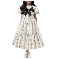 Verdusa Lindo vestido de princesa floral com laço feminino, manga bufante, evasê, vestidos rodados, Damasco, 12 Anos