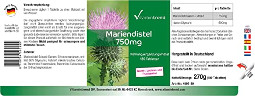 Vitamintrend Extrait de chardon-marie 750 mg, 180 comprimés, hautement dosé, complément alimentaire végan sans stéarate de magnésium, fabriqué en Allemagne – vue 2