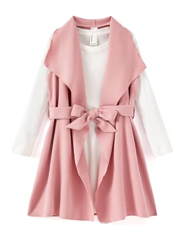 PATPAT Little Girl Fall Outfit – Cotton Ribbed Dress with Pastel Cardigan – Girls Fashion for School Days, Pink White, 6–7 Years