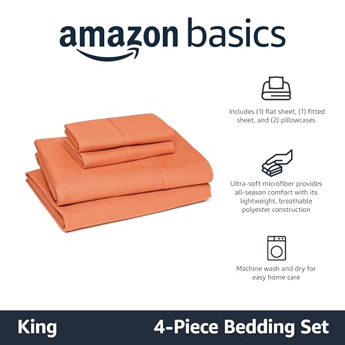 Image of Amazon Basics Lightweight Super Soft Easy Care Microfiber 4-Piece Bed Sheet Set, King, Brick, Solid