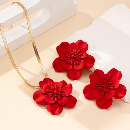 Vintage Flower Necklace Earring Set Gold Snake Chain Necklace Bohemian Red Flowers Choker Necklaces Hypoallergenic Statement Flower Stud Earrings Elegant Bridal Wedding Summer Beach Jewelry3