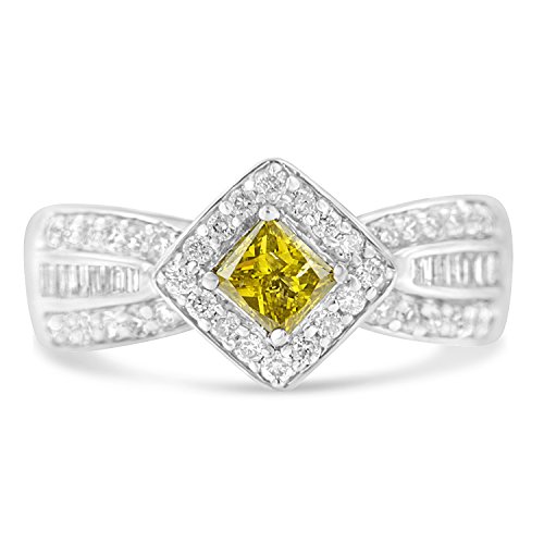 Original Classics 14K White Gold Round, Baguette and Treated Yellow Princess Diamond Tapered Ring (1 Cttw, Yellow Color, I1-I2 Clarity) - Size 7