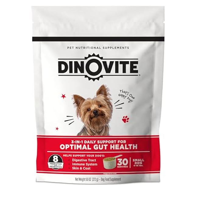 Dinovite 3 in 1 Probiotic for Small Dogs, Skin & Coat, Digestive Health & Joint Relief, Dog Food Toppers, Immune Support, Allergy Relief & Itch Relief Skin Care, 30 Servings (1-18lb)-rd2IWiaM