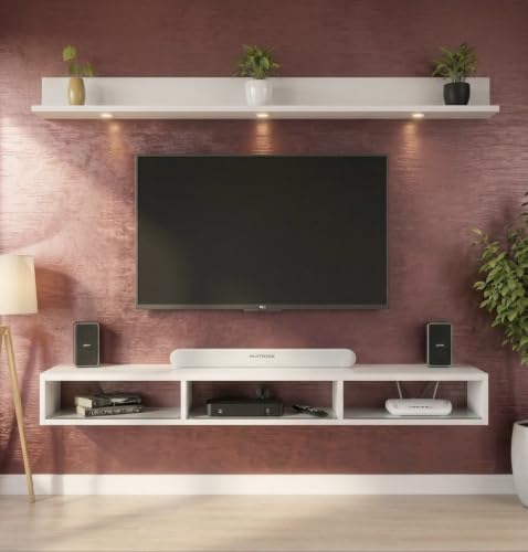Image of Bros Moon Wall Mounted TV Cabinet Parallel Rooftop Model, Frosty White, pre-Laminated, Wood, for Living Room, Suits TV up to 55 Inches (Frosty White, Rooftop 48 Inches Base with Light)