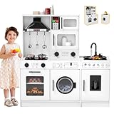 JOYLDIAS Kids Play Kitchen Set, Wooden Free Combination & Movable Pretend Toddler Kitchen Toy w/Real Sound and Light, Running Water, Oven, Washing Machine and Cookware Accessories for Age 3+ Toddlers