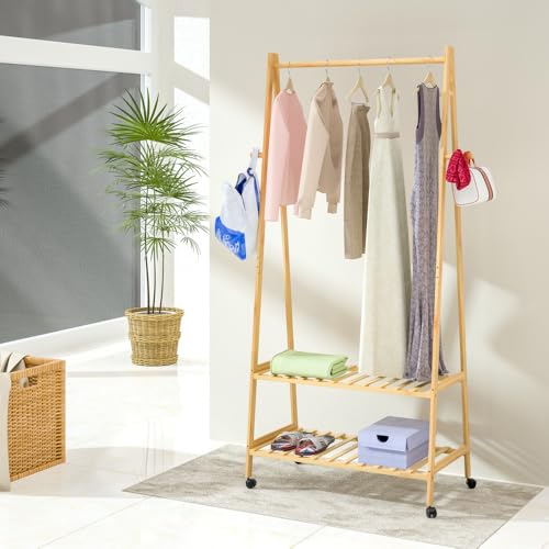 CASARIA® Perchero de Pie Ruedas 2 Estantes Burro Ropa Robusto 4 Ganchos Madera Bambú 155x70cm Dormitorio Pasillo Organizador Colgador Moderno Natural - imagen 2