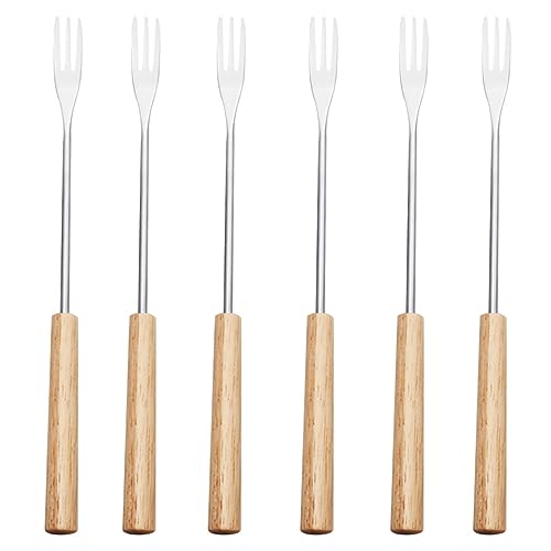 6 Stück Käsefonduegabeln Fonduebesteck Edelstahl Käsefonduebesteck mit hitzebeständigem Griff für Käse, Schokolade, Marshmallow-Fleisch (Holzfarbe)