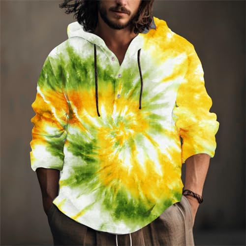 Lightweight Long-Sleeved Hooded Sweatshirt For Men Quarter Button Sports Hoodie Linen Fashion Tie Dye Wander Pullover2