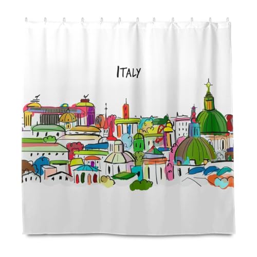 Akiraki シャワーカーテン 防水 防カビ ユニットバス 浴室 お風呂 イタリア 水彩 カラフル 個性 ホワイト 北欧 おしゃれ リング付属 フック付属 取付簡単 間仕切り 目隠し クリア 清潔感 180x180cm