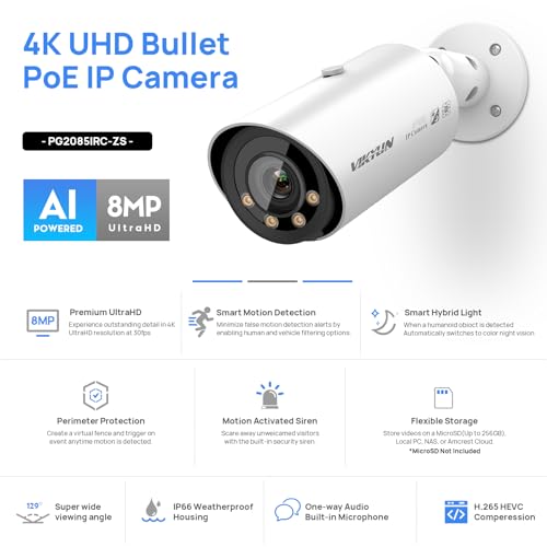 Image of VIKYLIN 8MP Full Color Varifocal PoE IP Camera, Outdoor 4K Bullet Camera with 5X Optical Zoom 2.7~13.5mm Lens,Human /Vehicle Detection, Smart Dual Light, Bulit-in Mic, MicroSD(256GB), IP67