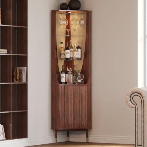 Image of JOINICE Tall Corner Bar Cabinet for Liquor,Mid-Century Modern,Walnut,70 inch