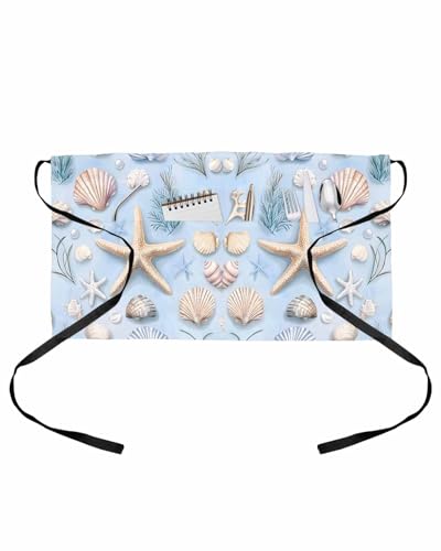 PIEPLE Coastal Starfish Server Apron Waitress Aprons with 3 Pockets, Blue Summer Beach Nautical Ocean Half Waist Waiter Aprons Restaurant Chef Aprons for Women Men