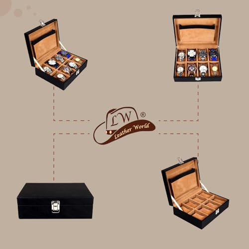 Image of Leather World Faux Leather Watch Box Organizer - Watch Case Box For Men & Women - Wrist Watch Box Holder 8 Slots - Removable Watch Pillows Display Case - Gift for Loved Ones - Black