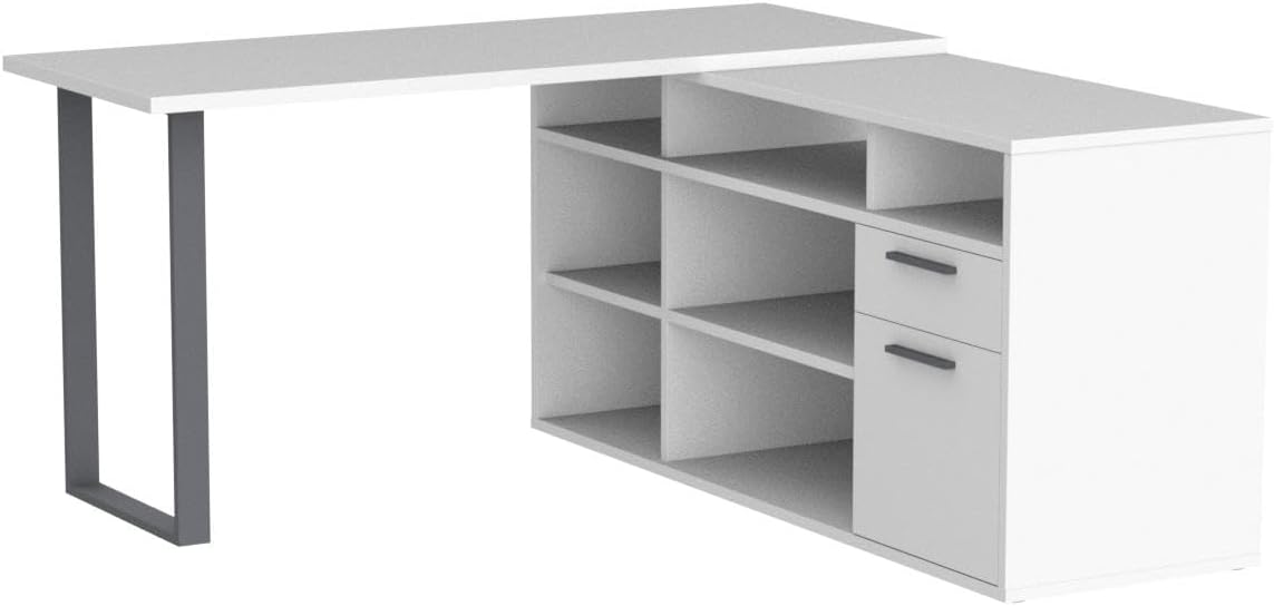Pemberly Row L Shaped Office Desk, Melamine Particle Board, 59.3 in x 59.3 in x 29.7 in, White Finish, Metal Legs, Reversible Design with Drawers, Durable Writing Desk for Home Office or Workspace