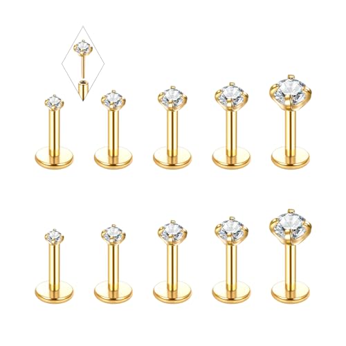Image of Oveta Threadless 16G Lip Rings for Women Flat Back Tragus Cartilage Earrings Piercing Jewelry Gold 1 /4 inch Short Bar Stainless Steel
