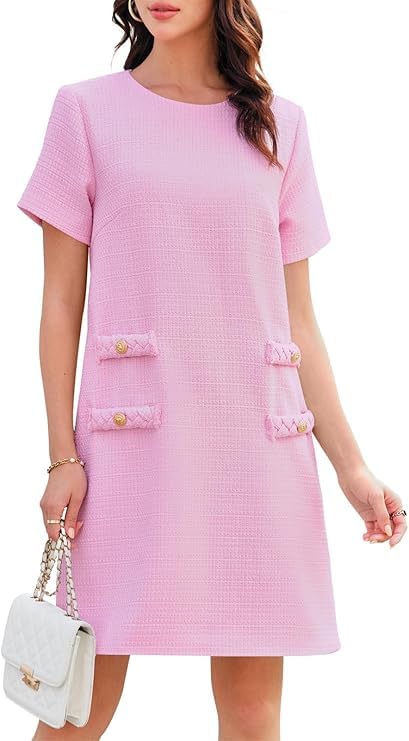 Wenrine Womens Tweed Mini Dress Crew Neck Work Office Elagant Formal Summer Short Sleeve A Line Dresses Pink