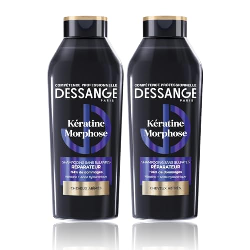 DESSANGE - Shampoing Sans Sulfates Réparateur Kératine Morphose - Formule Enrichie En Kératine Végétale & Acide Hyaluronique - Répare & Protège La Fibre Capillaire - Cheveux Abîmés - Lot de 2 X 280ml