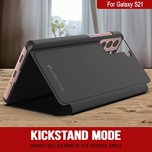 Punkcase S21 Reflector Case Protective Flip Cover W/Scratch Resistant Translucent Mirror Front & Non-Slip PU Leather Back Integrated Kickstand for Galaxy S21 5G (6.2