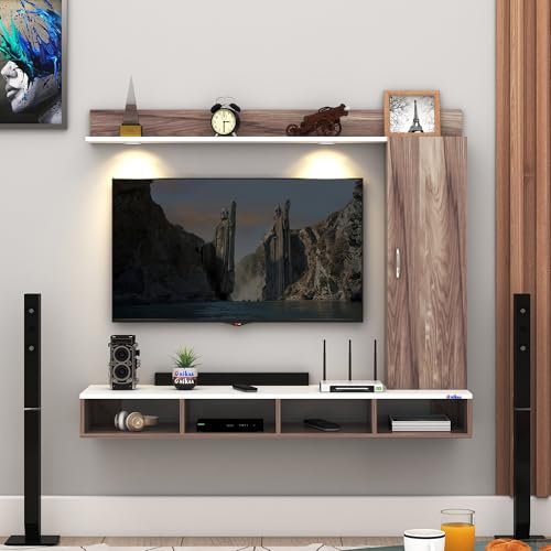 Image of Anikaa Dorex Engineered Wood Wall Mounted TV Unit with LED Lights, Storage Cabinet & Display Shelf for Living Room | Ideal for Upto 55 Inch TV- Coachwood /White(DIY Installation)