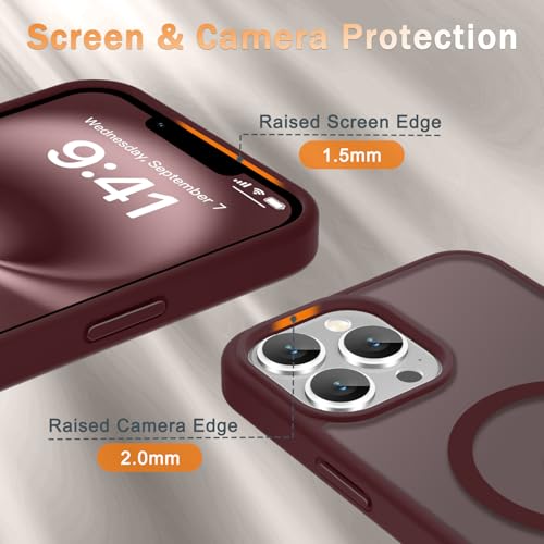 Image of YENAPOON for iPhone 13 Pro Max Case, Matte Magnetic Phone Cover [with 1 Screen Protector] [Support for MagSafe] [Shockproof Military Grade Protection] Translucent Frosted Back, Wine Red