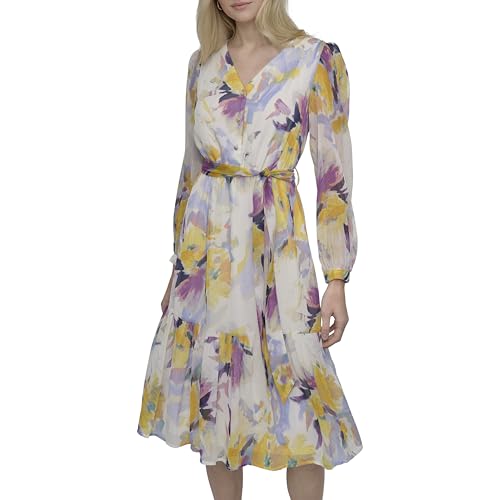 Image of DKNY Women's Long Sleeve V-Neck Tie Waist Midi Dress