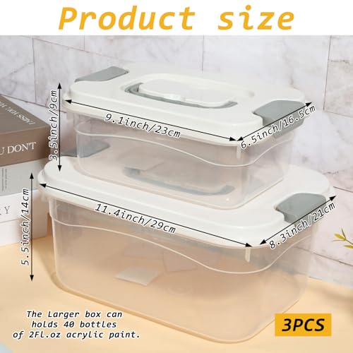 Image of 3 Pcs Paint Storage Box for Acrylic Paint, Portable Clear Acrylic Paint Organizer Boxes with Handle and Lid, Extra Large Capacity Art Supply Clear Box for 2 Fl. oz Apple Barrel & Other Brand Paint