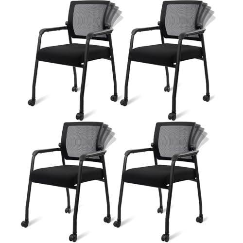 Image of KLASIKA Ergonomic Mesh Back Armchairs with Non-Slip Mute Casters and Upholstered Fabric Thickened Seat, Reception Guest Chair with Lumbar Support for School Church Office Conference Room, Black 4Pack