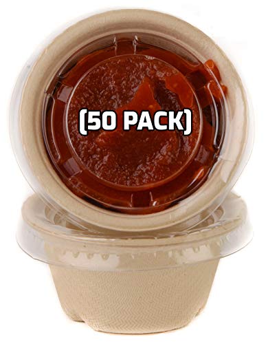 [50 Pack] 2 Oz Compostable Condiment Souffle Bagasse Cups with Lids - Portion Cup with Lid Sugarcane, Biodegradable Perfect for Sauces, Samples, Condiments, Slime, Jello Shot, Food Storage
