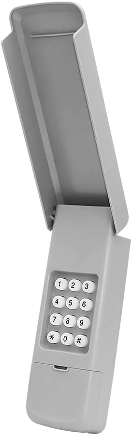 Front view of the Acvoce garage door opener keypad with its protective cover open, revealing the numeric buttons.