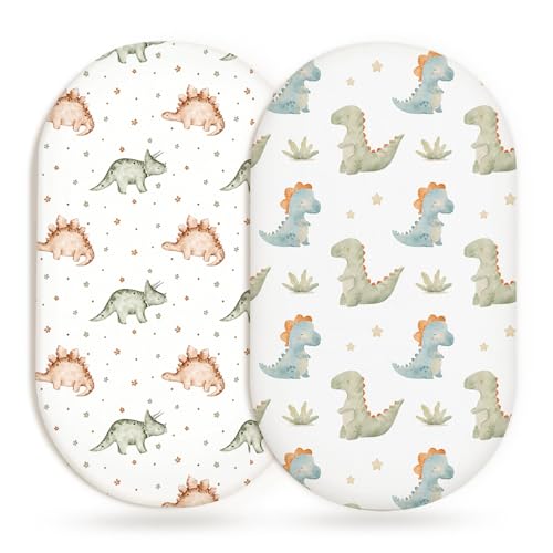 Image of Bassinet Sheets for Baby Girls Boys 2 Pack, Fitted Baby Mattress Sheet for Rectangle, Oval, Hourglass Bassinet Mattress, Breathable Cozy & Universal Fit (Tiny Dinos, Bassinet Sheet)